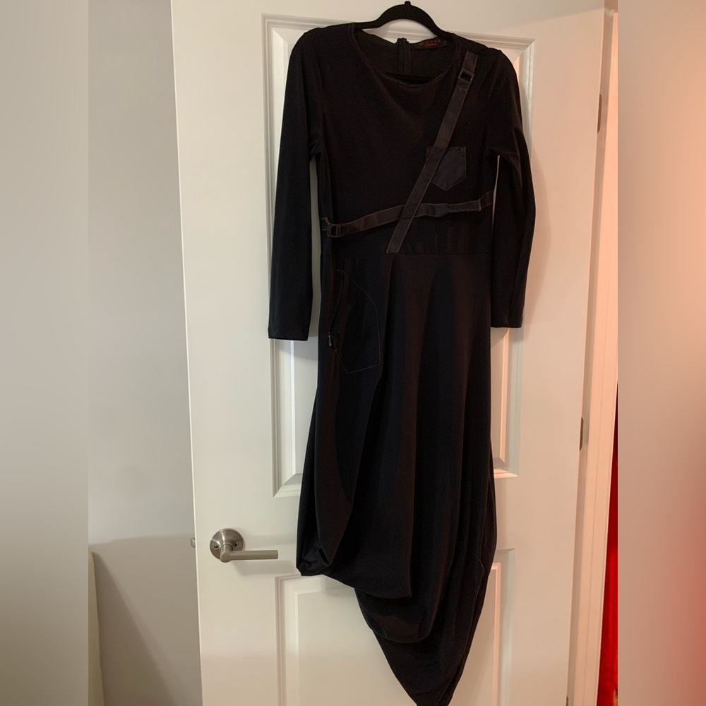 Black Asymmetric Long Sleeve Dress.  quality fabric no wrinkles .Made in France